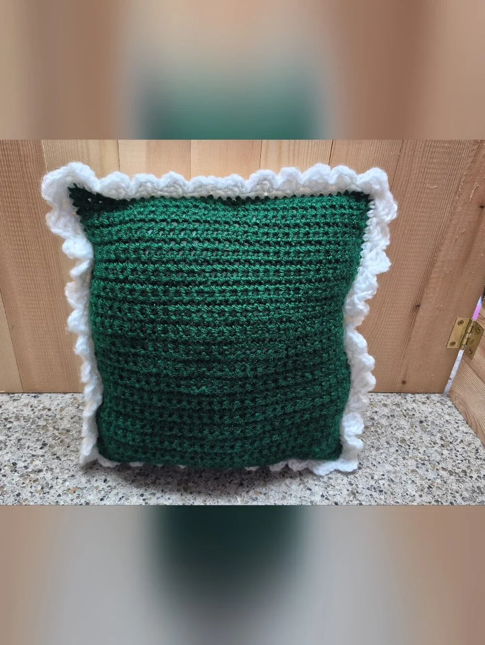 Vintage Hand Crochet Christmas Tree Throw Pillow Ruffled Border Bows Holiday